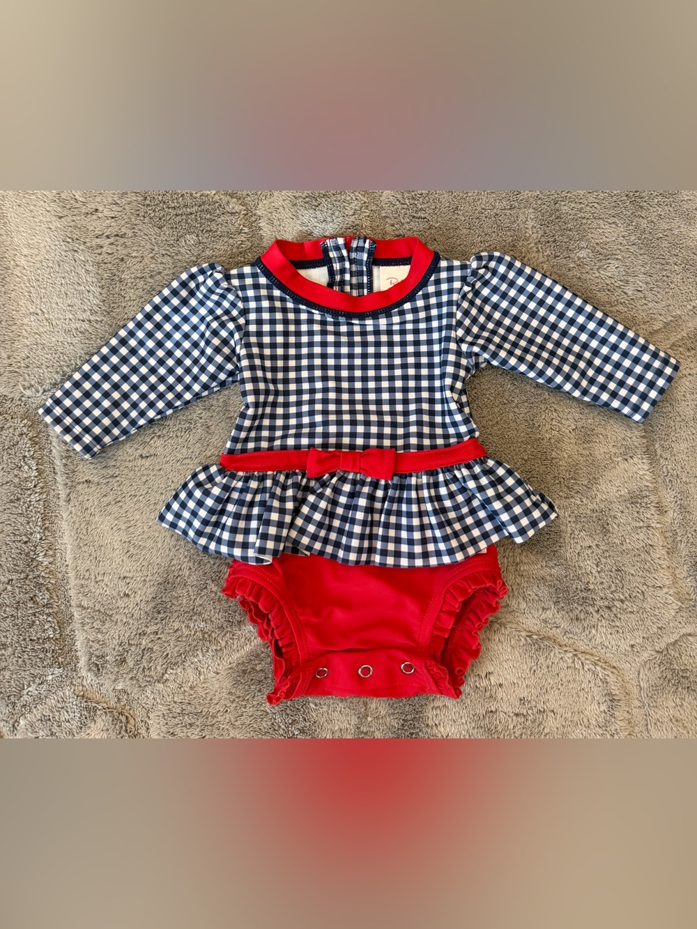 RuffleButts Girl's Gingham Peplum One-Piece Rash Guard Size 0-3 M
